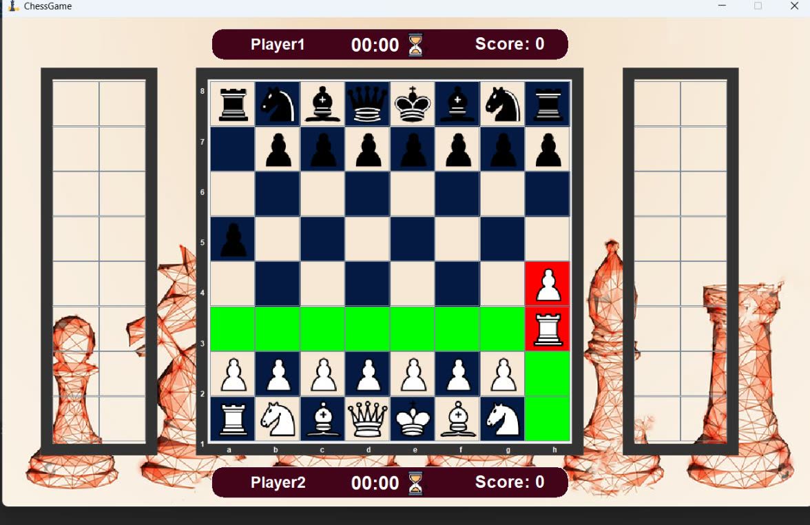 Chess board with a piece selected and its legal moves highlighted in green, beside per-player timers and scores