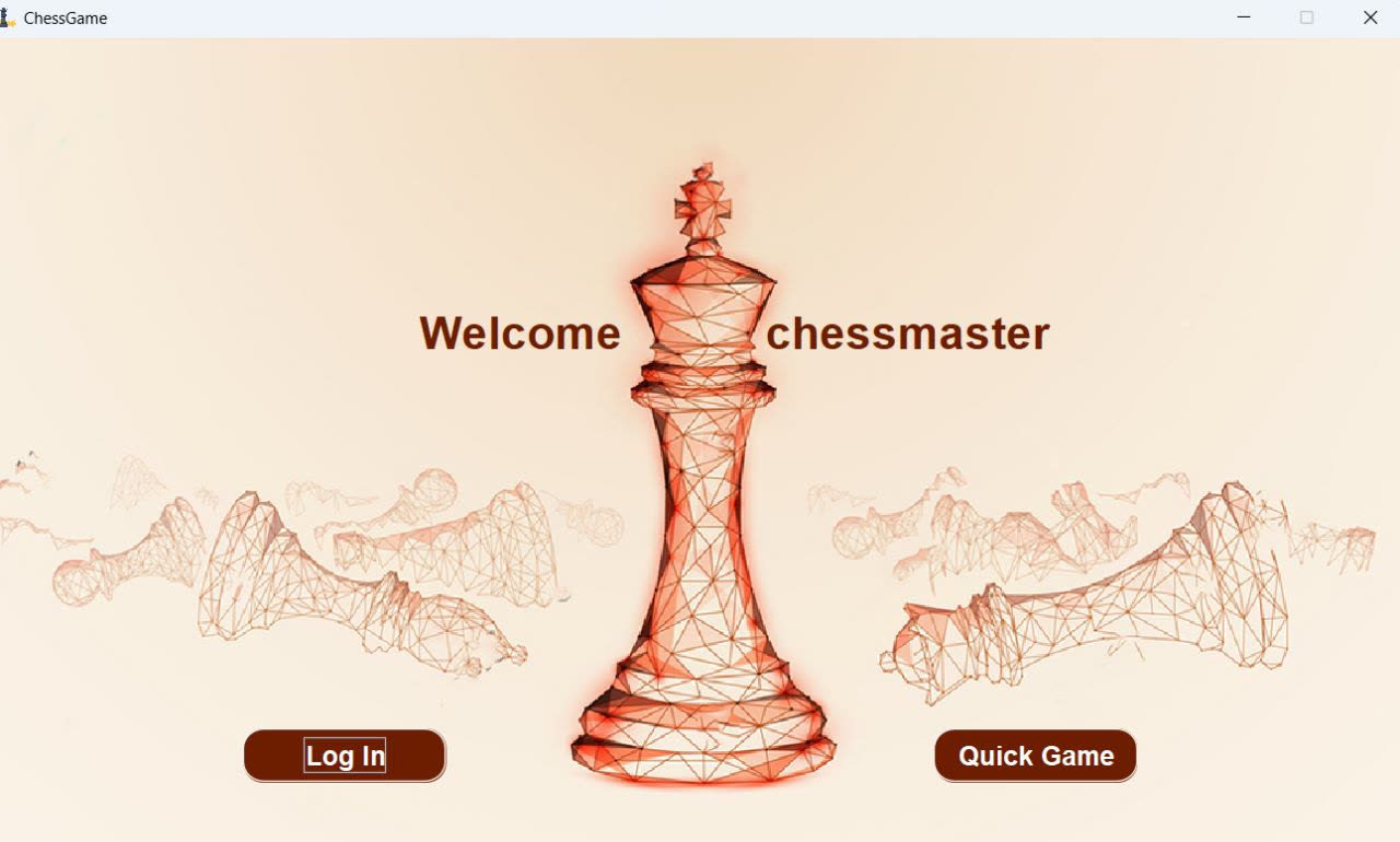 Chess game welcome screen with Log In and Quick Game buttons